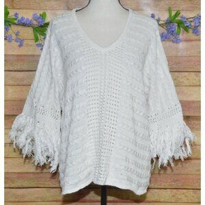 Cabi Fiesta Fringe Sweater Small Boxy Poncho Boho Coastal Beachy Half Sleeves